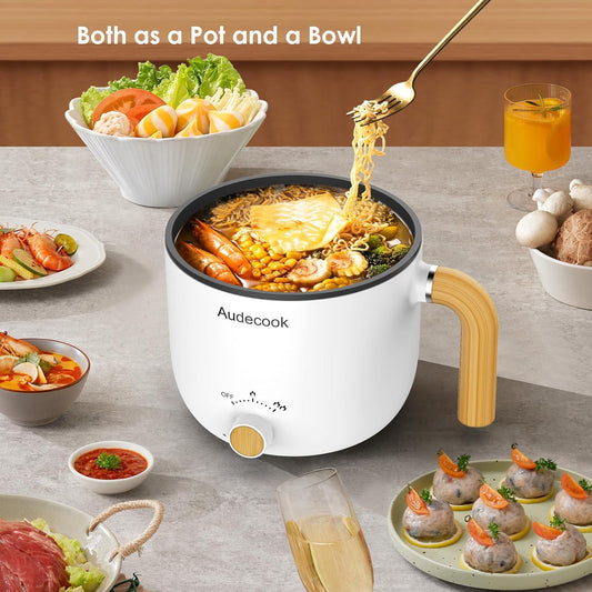 Audecook Hot Pot Electric with Steamer, 1.5L Portable Non-Stick Mini Rapid Ramen Cooker, Travel Multifunctional Electric Skillet with Dual Power Control for Pasta/Soup/Steak/Egg/Oatmeal (White) - PuriLite