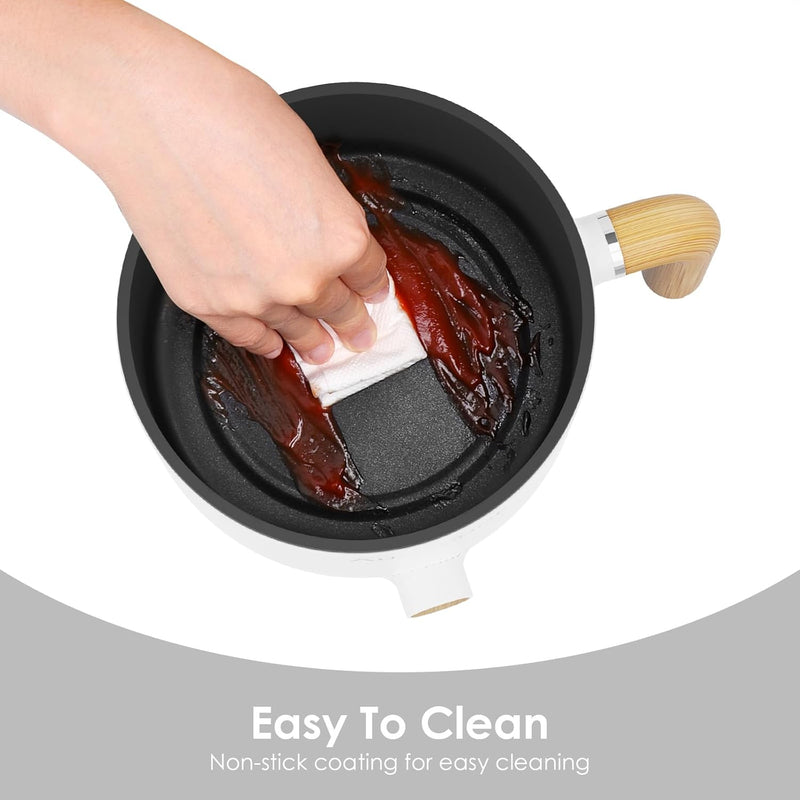 Audecook Hot Pot Electric with Steamer, 1.5L Portable Non-Stick Mini Rapid Ramen Cooker, Travel Multifunctional Electric Skillet with Dual Power Control for Pasta/Soup/Steak/Egg/Oatmeal (White)