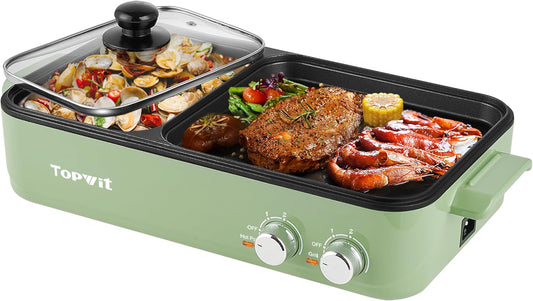 Topwit Shabu Shabu Pot with Grill, 2 in 1 Indoor Non-Stick Shabu Shabu Pot and Griddle for Korean BBQ, Steaks, Ramen and Noodles, Independent Dual Temperature Control, Fast Heating, Green