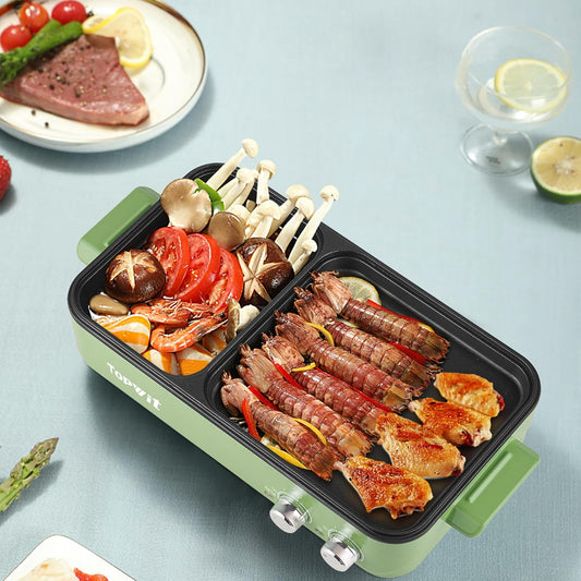 Topwit Shabu Shabu Pot with Grill, 2 in 1 Indoor Non-Stick Shabu Shabu Pot and Griddle for Korean BBQ, Steaks, Ramen and Noodles, Independent Dual Temperature Control, Fast Heating, Green - PuriLite