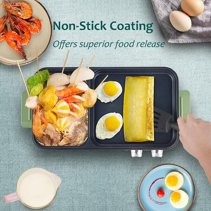 Topwit Shabu Shabu Pot with Grill, 2 in 1 Indoor Non-Stick Shabu Shabu Pot and Griddle for Korean BBQ, Steaks, Ramen and Noodles, Independent Dual Temperature Control, Fast Heating, Green