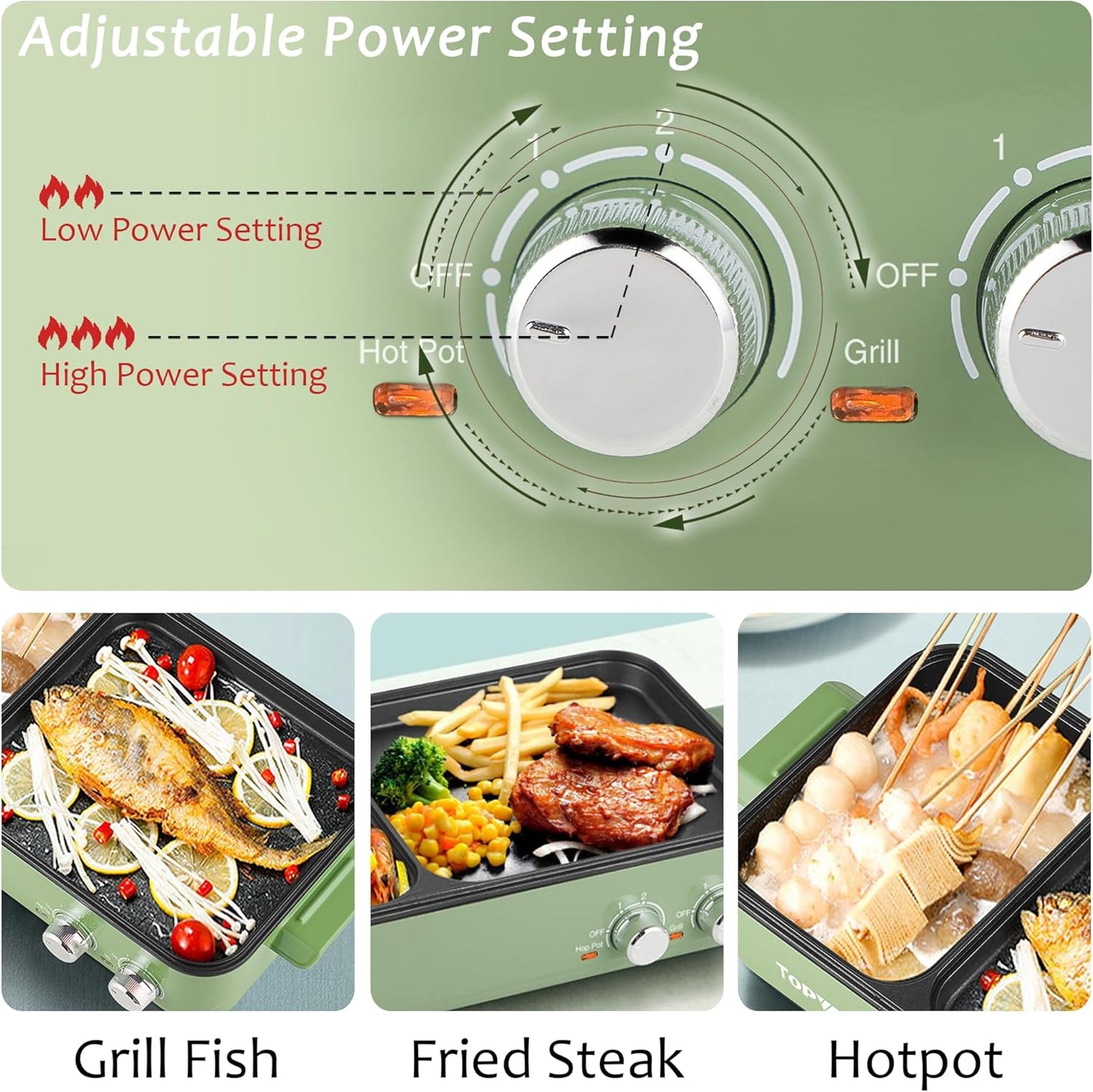 Topwit Shabu Shabu Pot with Grill, 2 in 1 Indoor Non-Stick Shabu Shabu Pot and Griddle for Korean BBQ, Steaks, Ramen and Noodles, Independent Dual Temperature Control, Fast Heating, Green