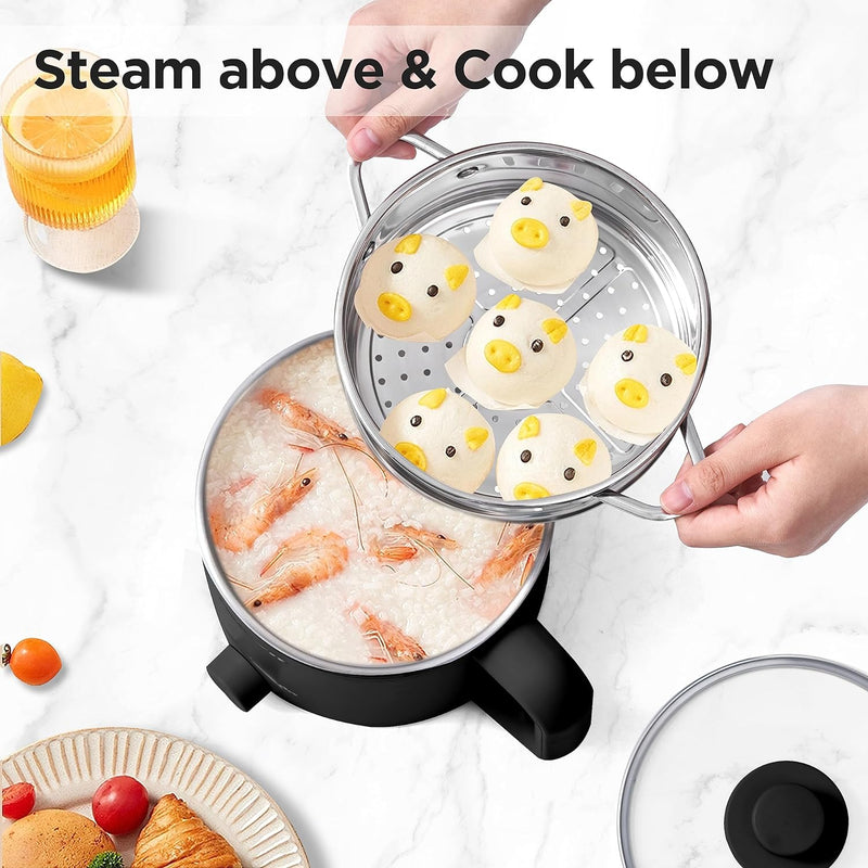 Topwit Hot Pot Electric with Steamer, 1.6L Ramen Cooker, Electric Pot for Pasta, Shabu-Shabu, Oatmeal, Soup and Egg, Portable Cooker with Dual Power Control, Dorm Room Essentials, Black