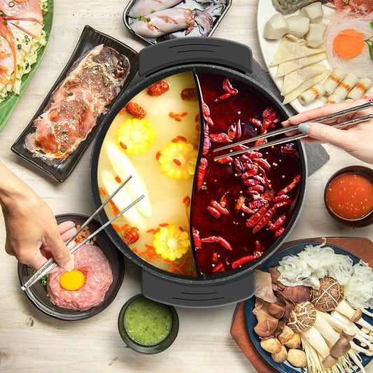 Food Party Hot Pot Electric Hotpot with Divider Shabu Shabu Hot Pot Non-Stick 6-Quart Large Chinese Pot Korean - PuriLite