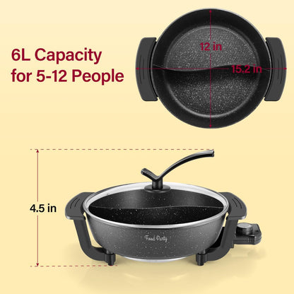Food Party Hot Pot Electric Hotpot with Divider Shabu Shabu Hot Pot Non-Stick 6-Quart Large Chinese Pot Korean