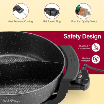 Food Party Hot Pot Electric Hotpot with Divider Shabu Shabu Hot Pot Non-Stick 6-Quart Large Chinese Pot Korean