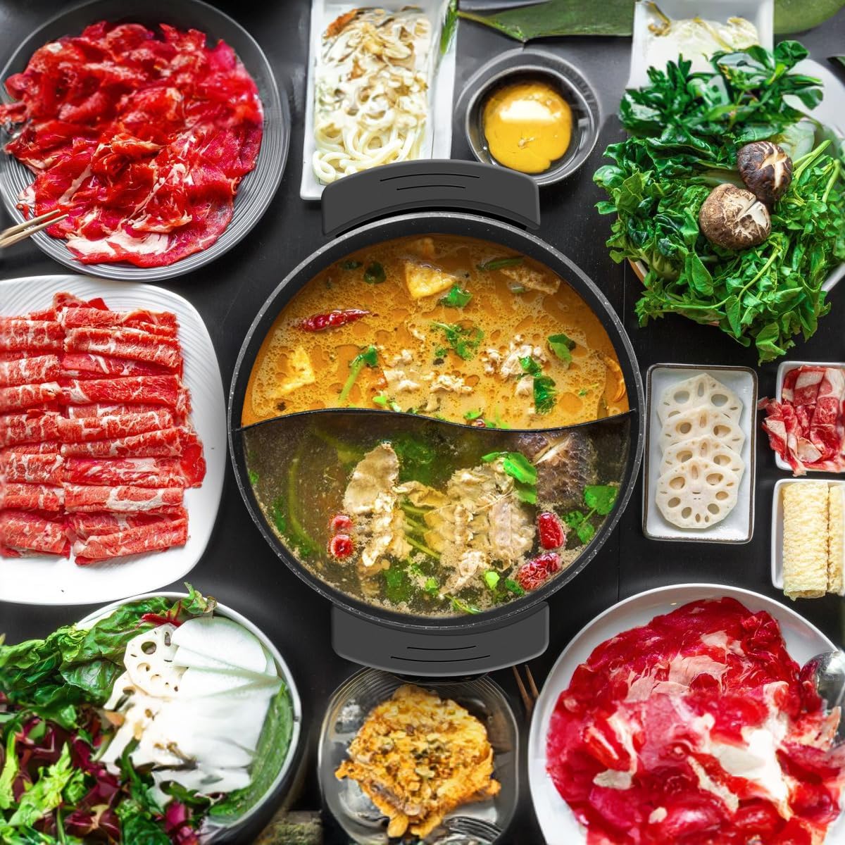 Food Party Hot Pot Electric Hotpot with Divider Shabu Shabu Hot Pot Non-Stick 6-Quart Large Chinese Pot Korean