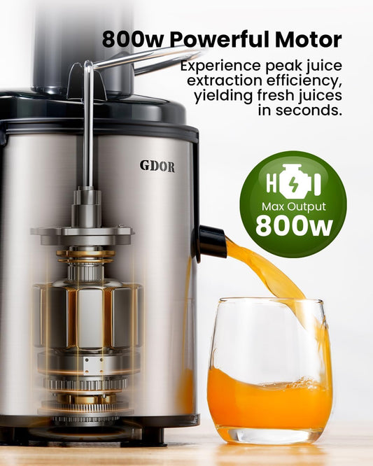 GDOR 800W Juicer Machine 3" Wide Mouth Juicer for Whole Fruits and Vegetables 3 Speeds Juice Extractor Machine Quick Juicing Centrifugal Juicer Easy to Clean with Brush Stainless Steel BPA-Free - PuriLite