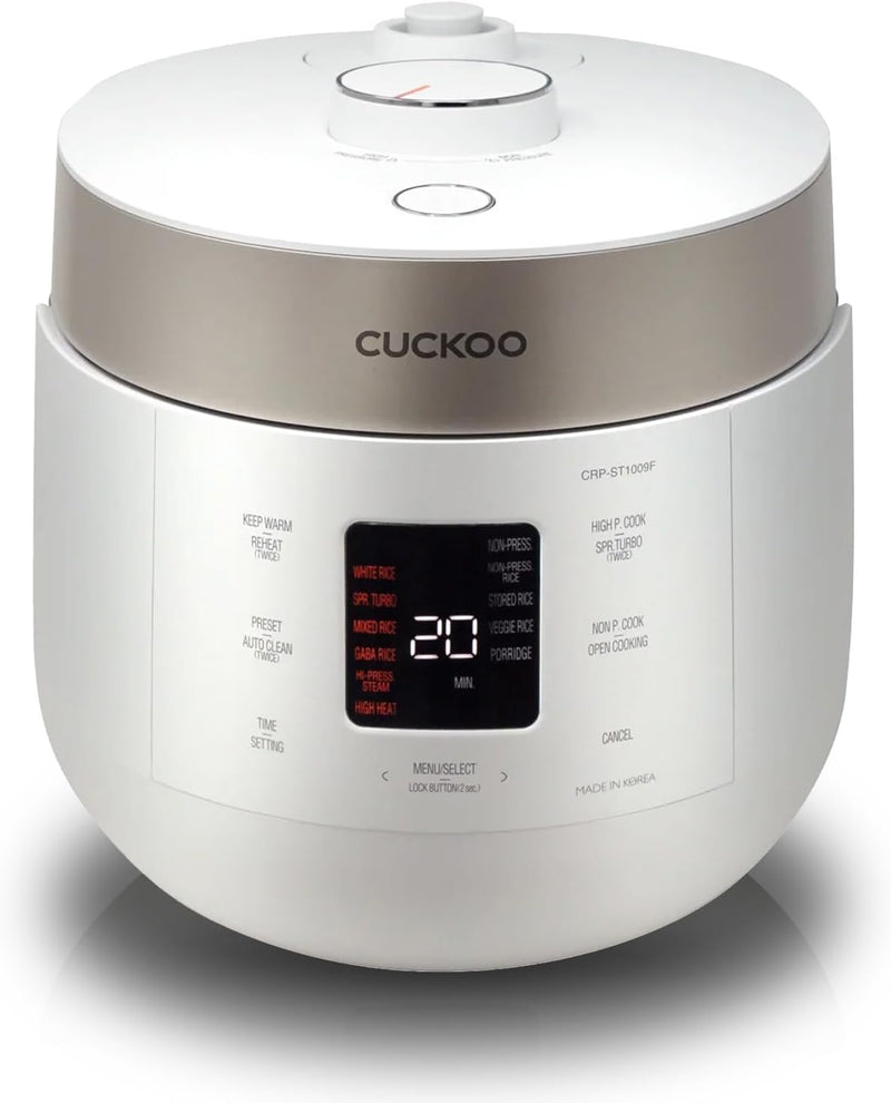 CUCKOO CRP-ST1009FW 10-Cup (Uncooked) / 20-Cup (Cooked) Twin Pressure Rice Cooker & Warmer with Nonstick Inner Pot, 16 Menu Options, 3 Voice Guide, Auto Clean (White)