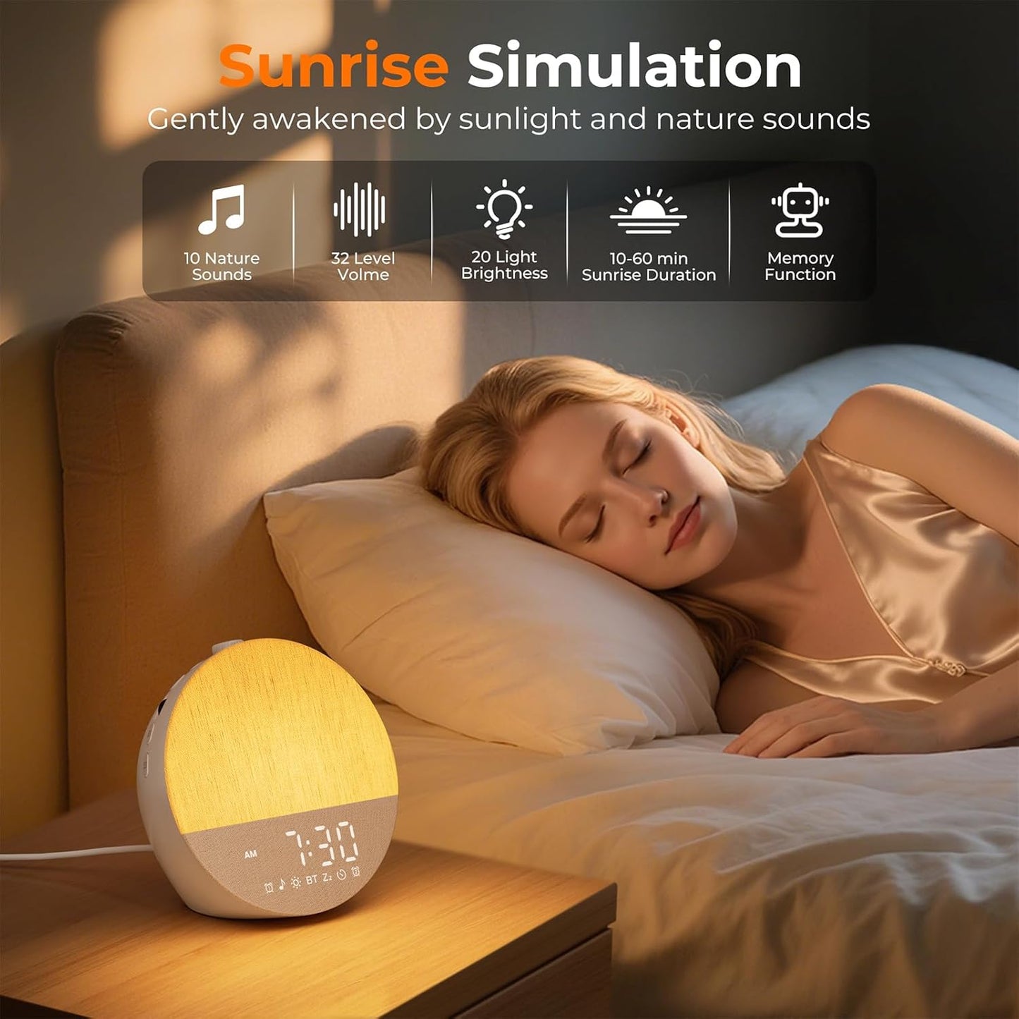 Sunrise Alarm Clock with Sound Machine, Natural Wake Up Light, Dual Alarm and Snooze, Dimmable Night Light with 18 Colors and 30 Sleep Sounds for Bedroom, Adults, Kids, and Nursery - PuriLite