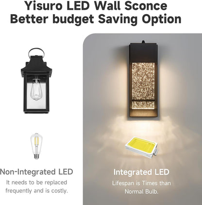 Yisuro Dusk to Dawn Porch Lights, Exterior Lights Fixture, Black Wall Light Fixture with Crystal Bubble Glass LED Wall Lamp, Modern Lantern for House Entryway Patio Garage (1 Pack)