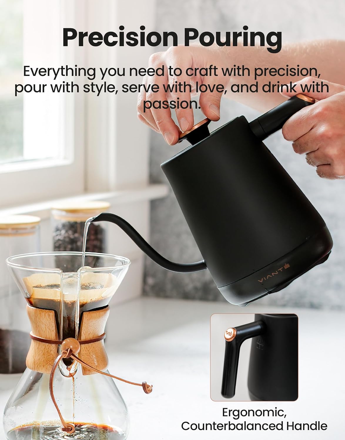 Vianté Electric Gooseneck Kettle with Precise Temperature Control. Pour Over Coffee & Tea Kettle. Boil-Dry Protection & Keep Warm Function. Stainless Steel, BPA-Free. Includes V60#2 Filters. 0.8L