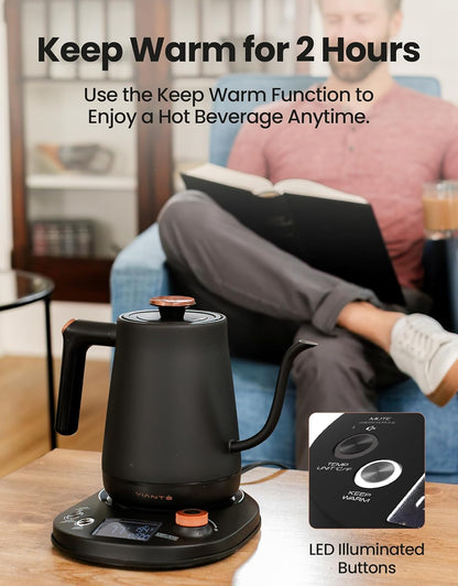 Vianté Electric Gooseneck Kettle with Precise Temperature Control. Pour Over Coffee & Tea Kettle. Boil-Dry Protection & Keep Warm Function. Stainless Steel, BPA-Free. Includes V60#2 Filters. 0.8L