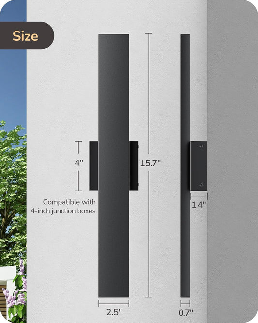 EDISHINE 2 Pack LED Outdoor Wall Lights Dimmable, 3CCT (3000K 4000K 5000K), 15.7'' Modern Black Exterior Light Fixtures, Waterproof Front Door Lights for Entrance, Hallway, Garage, Porch