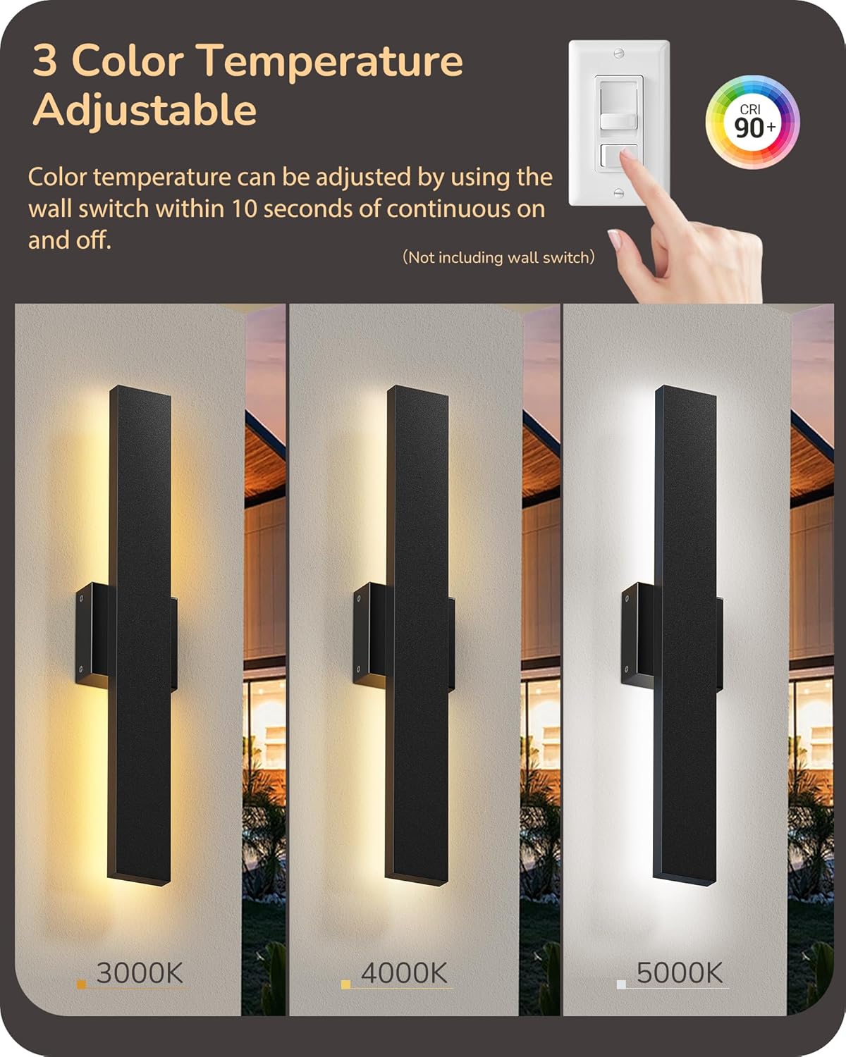EDISHINE 2 Pack LED Outdoor Wall Lights Dimmable, 3CCT (3000K 4000K 5000K), 15.7'' Modern Black Exterior Light Fixtures, Waterproof Front Door Lights for Entrance, Hallway, Garage, Porch