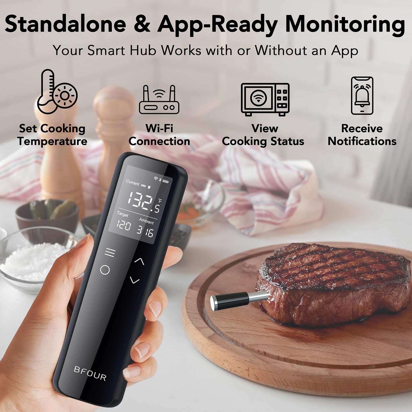 WiFi Wireless Meat Thermometer with Standalone Base, Dual Connectivity Bluetooth and WiFi, 6-Sensor Waterproof Smart Cooking Thermometer for Grill, BBQ, Oven, and Smoker