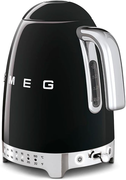 Smeg 50's Retro 7 Cup Stainless Steel Variable Temperature Electric Kettle with 7 Temperature Settings, Led Display, Swivel Base and Keep Warm Function Black KLF04BLUS