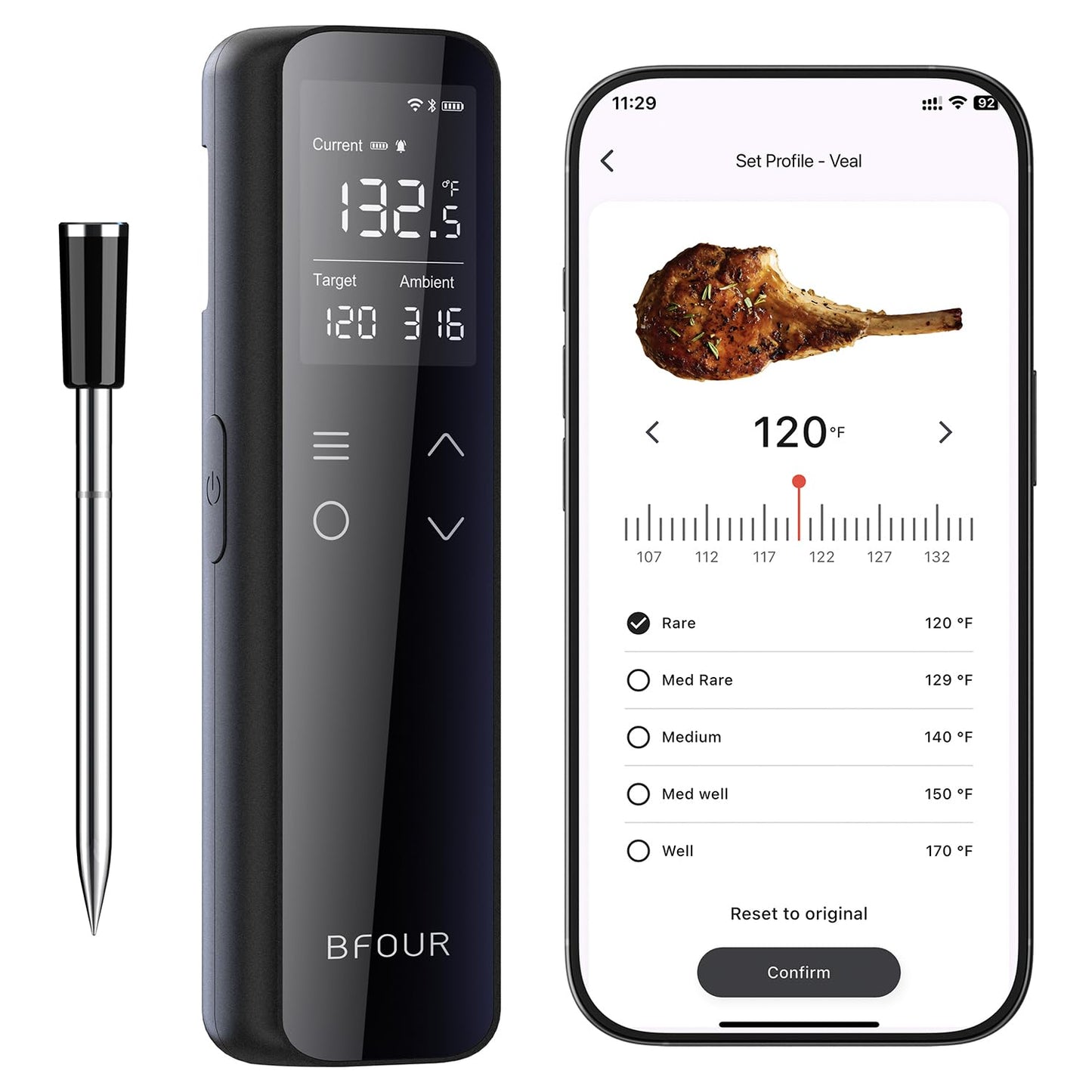 WiFi Wireless Meat Thermometer with Standalone Base, Dual Connectivity Bluetooth and WiFi, 6-Sensor Waterproof Smart Cooking Thermometer for Grill, BBQ, Oven, and Smoker