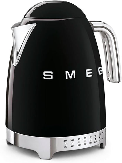 Smeg 50's Retro 7 Cup Stainless Steel Variable Temperature Electric Kettle with 7 Temperature Settings, Led Display, Swivel Base and Keep Warm Function Black KLF04BLUS