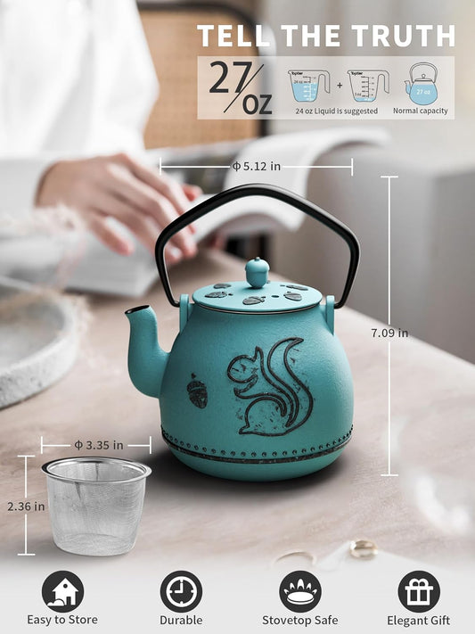Toptier Teapot with Removable Infuser, Cast Iron Tea Kettle Stovetop Safe, Squirrel Design Tea Pot Coated with Enameled Interior for 32 Ounce (950 ml), Blue - PuriLite