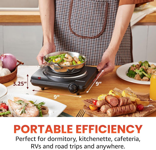 Elite Gourmet ESB-301BF# Countertop Single Flat Burner, Electric Hot Burner, Temperature Controls, Power Indicator Lights, Easy to Clean, 1000 Watts (Black) - PuriLite