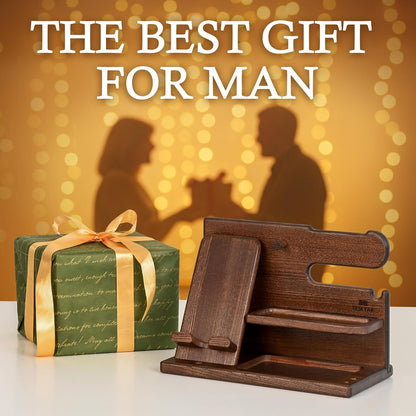 Solid Wood Phone Docking Station and Desk Organizer, Multifunctional Nightstand Charging Stand for Smartphone, Watch, Wallet, Keys and Everyday Essentials, Bourbon Brown