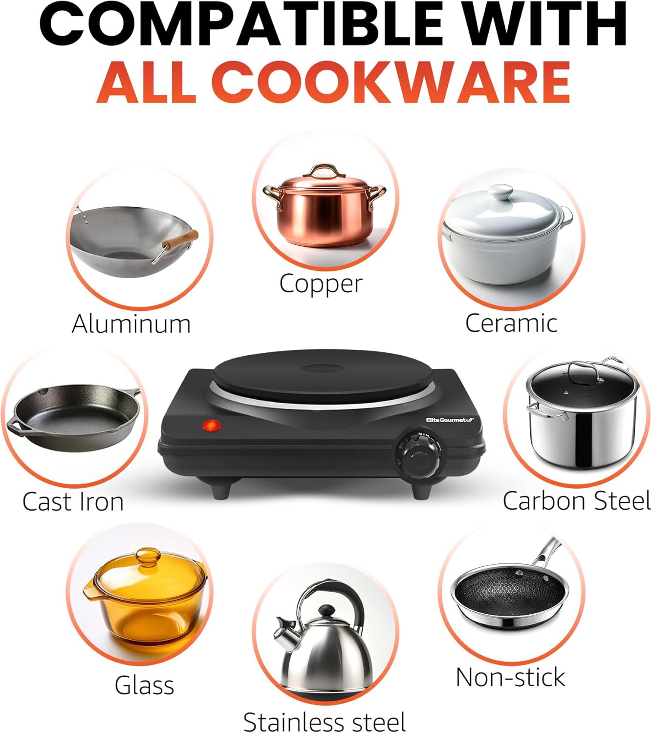 Elite Gourmet ESB-301BF# Countertop Single Flat Burner, Electric Hot Burner, Temperature Controls, Power Indicator Lights, Easy to Clean, 1000 Watts (Black)