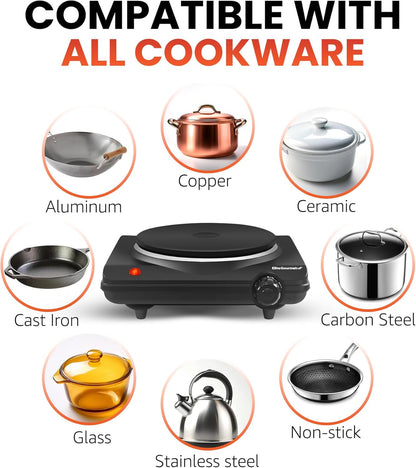 Elite Gourmet ESB-301BF# Countertop Single Flat Burner, Electric Hot Burner, Temperature Controls, Power Indicator Lights, Easy to Clean, 1000 Watts (Black)