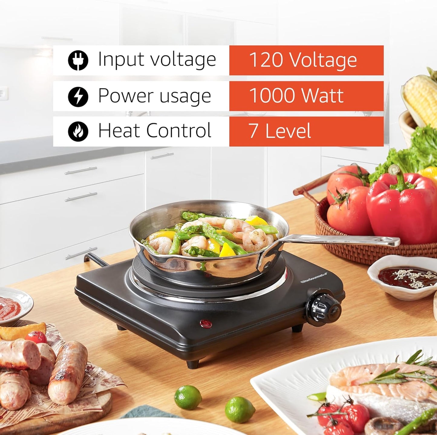 Elite Gourmet ESB-301BF# Countertop Single Flat Burner, Electric Hot Burner, Temperature Controls, Power Indicator Lights, Easy to Clean, 1000 Watts (Black)