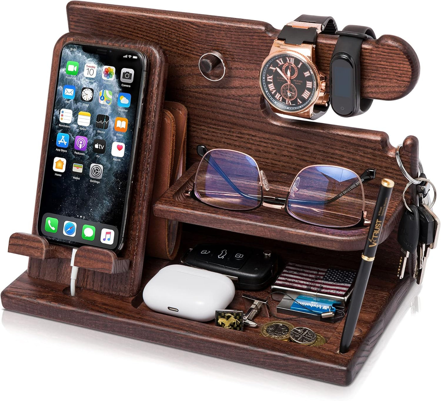 Solid Wood Phone Docking Station and Desk Organizer, Multifunctional Nightstand Charging Stand for Smartphone, Watch, Wallet, Keys and Everyday Essentials, Bourbon Brown