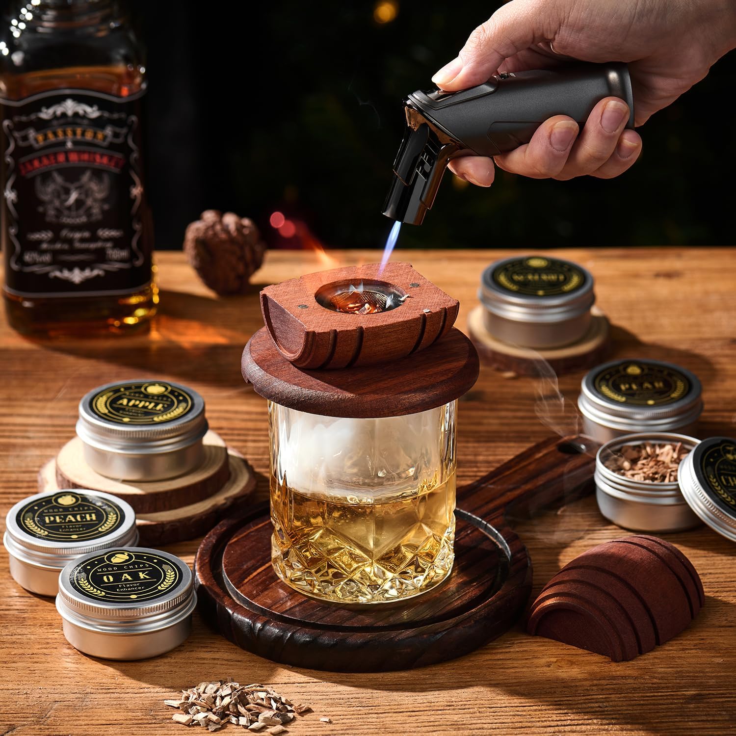 Cocktail Smoker Kit with Torch, Complete Drink Infuser Set with 6 Wood Chip Flavors, Glasses and Ice Ball Molds, Home Bar Smoking Kit for Old Fashioned Style Drinks - PuriLite
