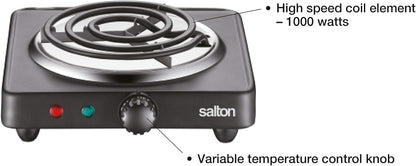 Salton Single Coil Portable Electric Cooktop | 1000 Watts | Lightweight & Compact | Variable Temperature Control | Perfect for Dorms, Offices, Camping | Black | 100% Canadian-owned & operated