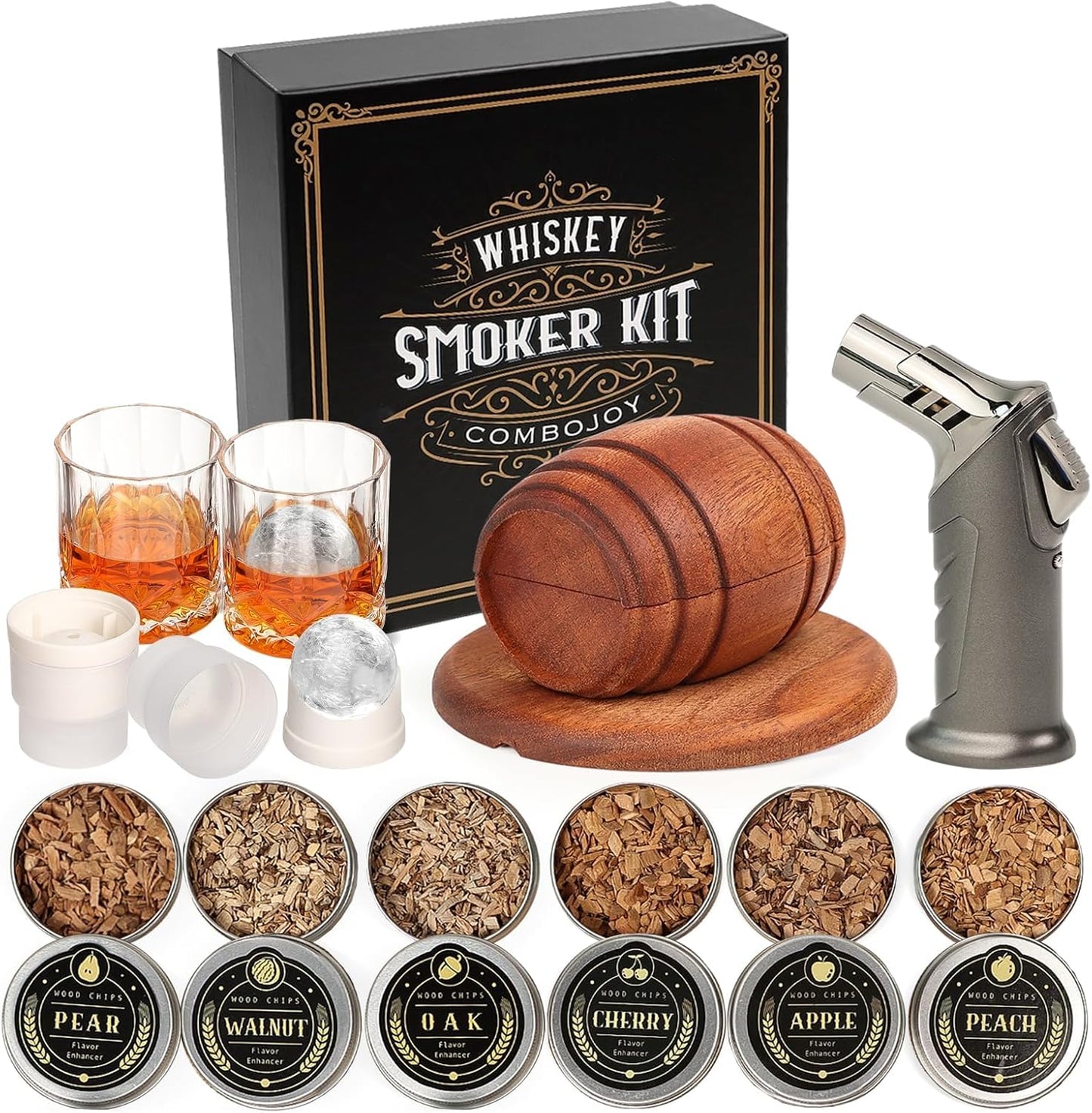 Cocktail Smoker Kit with Torch, Complete Drink Infuser Set with 6 Wood Chip Flavors, Glasses and Ice Ball Molds, Home Bar Smoking Kit for Old Fashioned Style Drinks - PuriLite