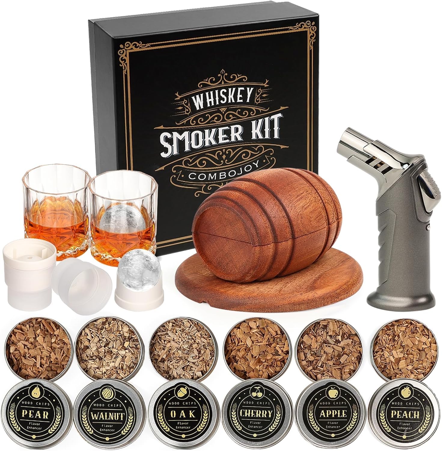 Cocktail Smoker Kit with Torch, Complete Drink Infuser Set with 6 Wood Chip Flavors, Glasses and Ice Ball Molds, Home Bar Smoking Kit for Old Fashioned Style Drinks - PuriLite