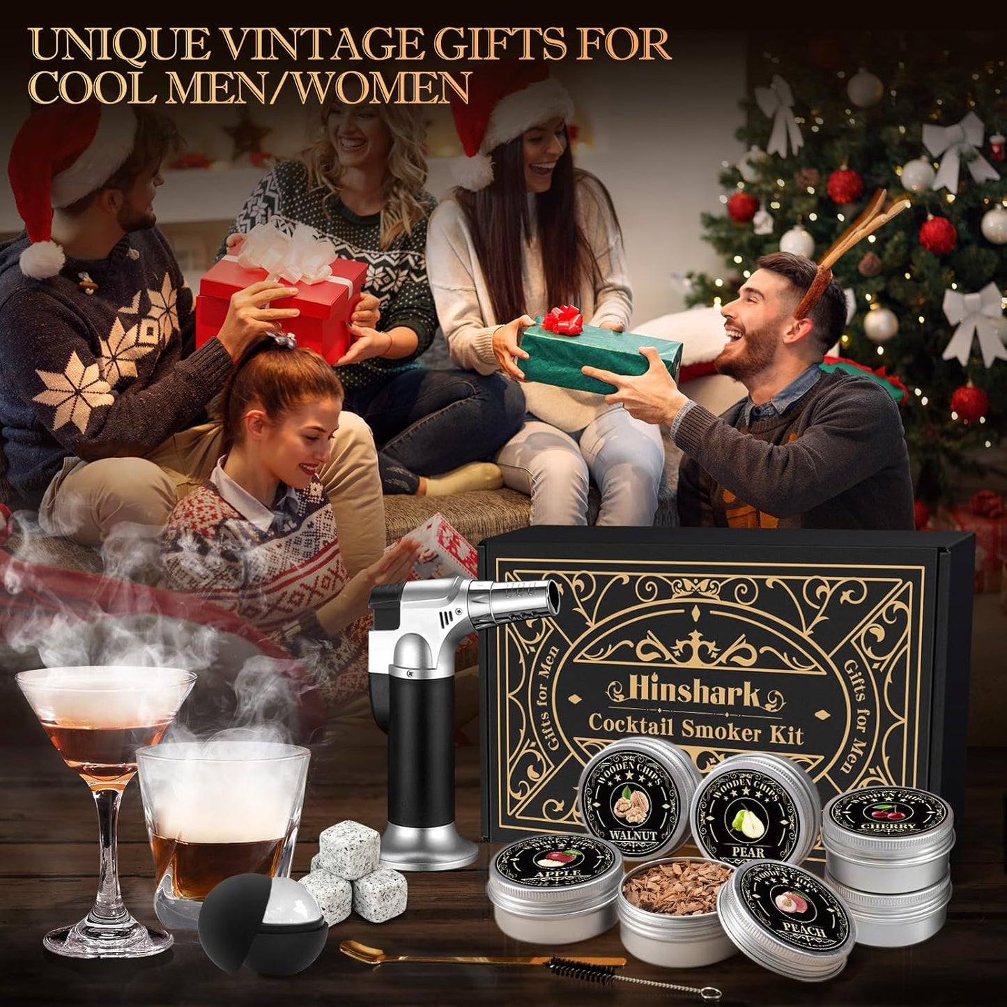 Cocktail Smoker Kit for Bourbon and Old Fashioned Drinks, Complete Drink Smoker Set with Torch, 6 Wood Chip Flavors, Ice Stones and Accessories, Gift-Ready Smoker Kit - PuriLite