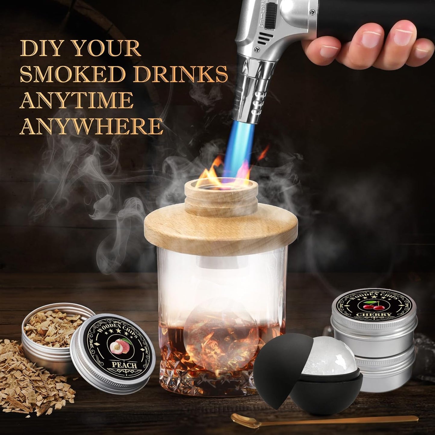 Cocktail Smoker Kit for Bourbon and Old Fashioned Drinks, Complete Drink Smoker Set with Torch, 6 Wood Chip Flavors, Ice Stones and Accessories, Gift-Ready Smoker Kit - PuriLite