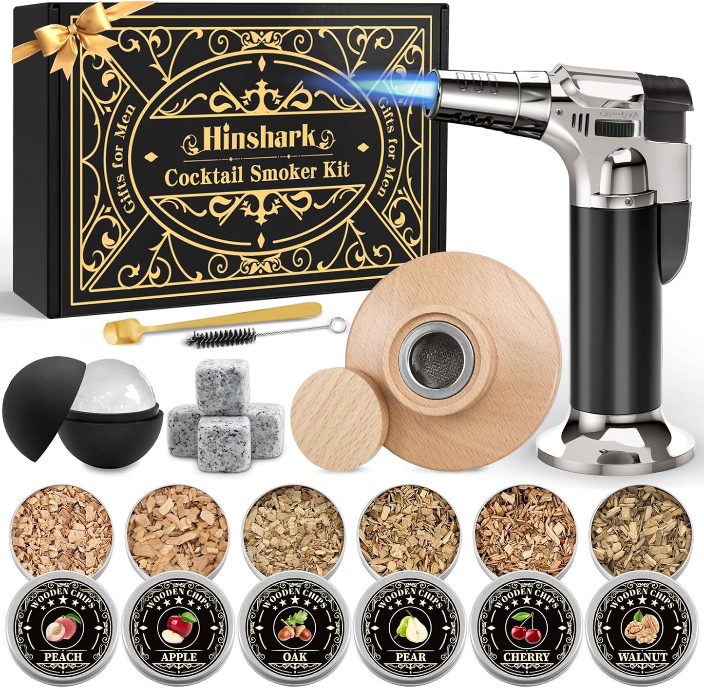 Cocktail Smoker Kit for Bourbon and Old Fashioned Drinks, Complete Drink Smoker Set with Torch, 6 Wood Chip Flavors, Ice Stones and Accessories, Gift-Ready Smoker Kit - PuriLite