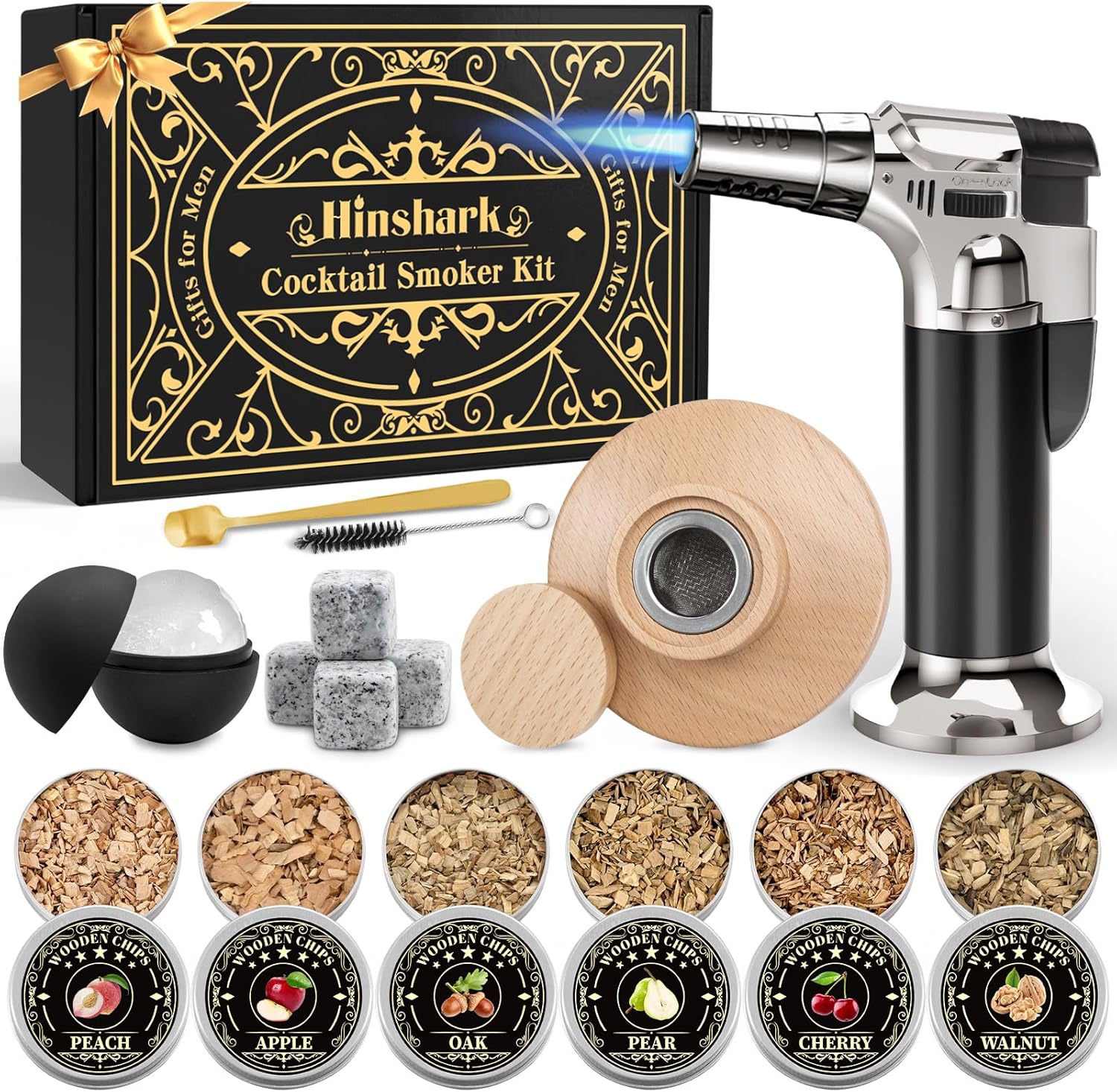 Cocktail Smoker Kit for Bourbon and Old Fashioned Drinks, Complete Drink Smoker Set with Torch, 6 Wood Chip Flavors, Ice Stones and Accessories, Gift-Ready Smoker Kit - PuriLite