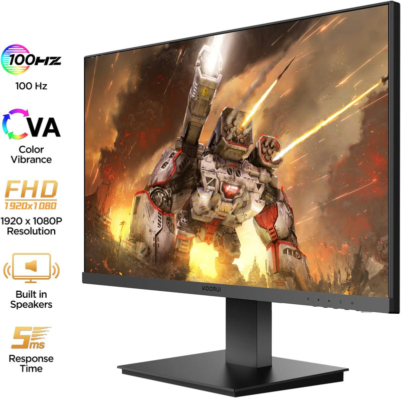 KOORUI 22 Inch Computer Gaming Monitor, FHD 1080P Desktop Display with 2 Speakers, 100HZ Ultra Thin Bezel/Eye Care/Ergonomic Tilt, HDMI VGA Ports LED Monitor for PC, VESA Mounting