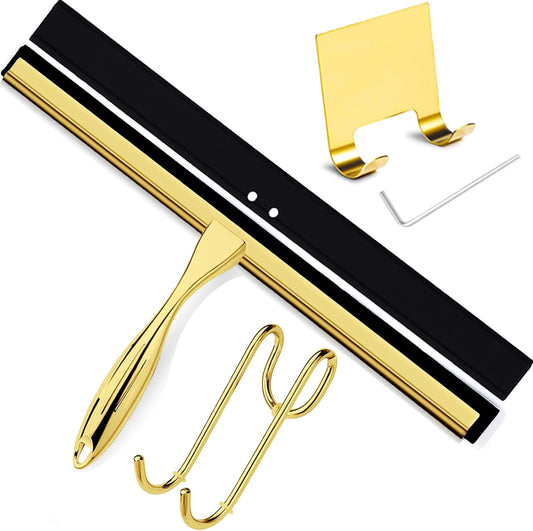 Shower Squeegee for Glass Doors, 14 Inches Bathroom Squeegee with Spare Silicone Blade, Shower Door Hook and Adhesive Hook, Stainless Steel Bathroom Squeegee for Mirror Window Kitchen (Gold-1 Pack)