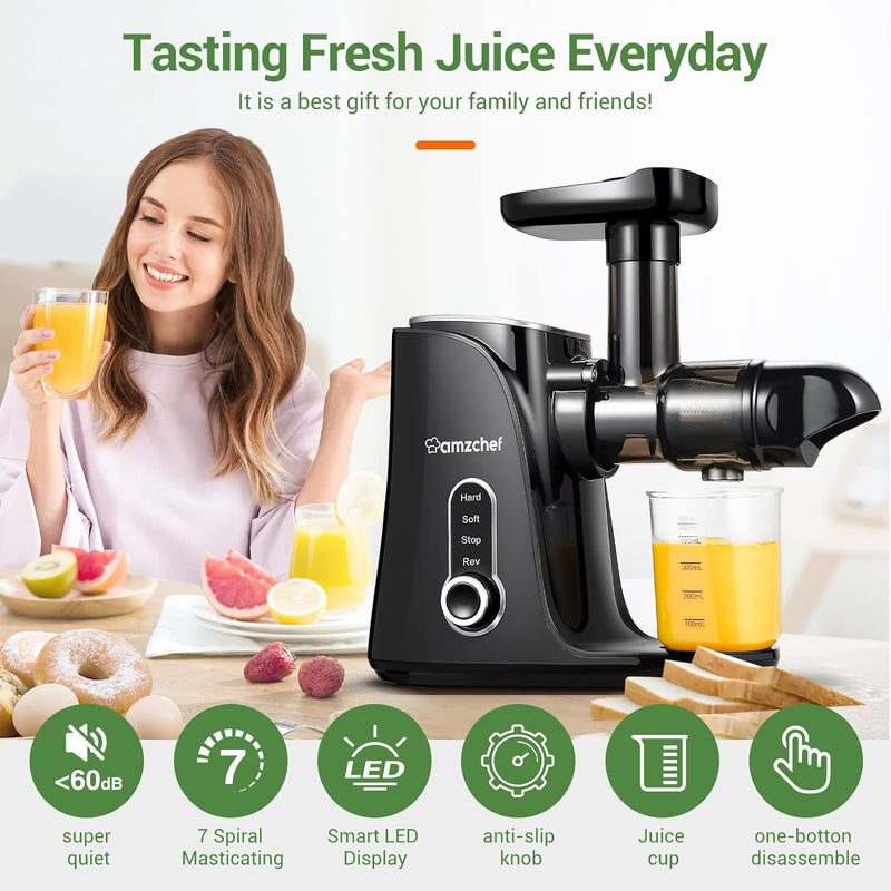 AMZCHEF Slow Juicer Machine - Cold Press Juicer with Two Speed Modes and LED Display - Masticating Juice Extractor with Travel Bottle and 2 Cups, Cleaning Brush - Black