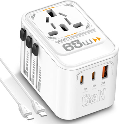 QENEQ GaN 65W Universal Travel Adapter International Power Travel Plug Adapter QC USB A PD USB C Fast Travel Charger Worldwide AC Outlet European Travel Plug Adapter for Europe USA UK Asia AUS