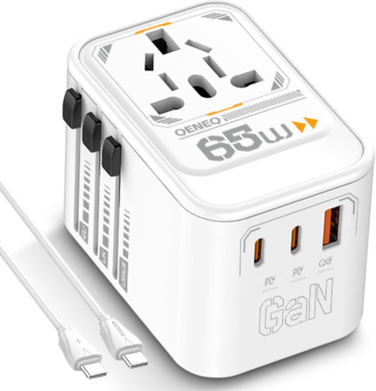 QENEQ GaN 65W Universal Travel Adapter International Power Travel Plug Adapter QC USB A PD USB C Fast Travel Charger Worldwide AC Outlet European Travel Plug Adapter for Europe USA UK Asia AUS
