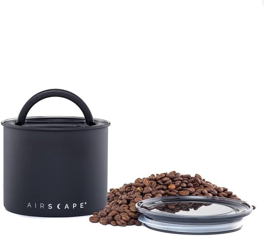 Airscape Stainless Steel Coffee Canister | Food Storage Container | Patented Airtight Lid | Push Out Excess Air Preserve Food Freshness (Matte Black, Small)