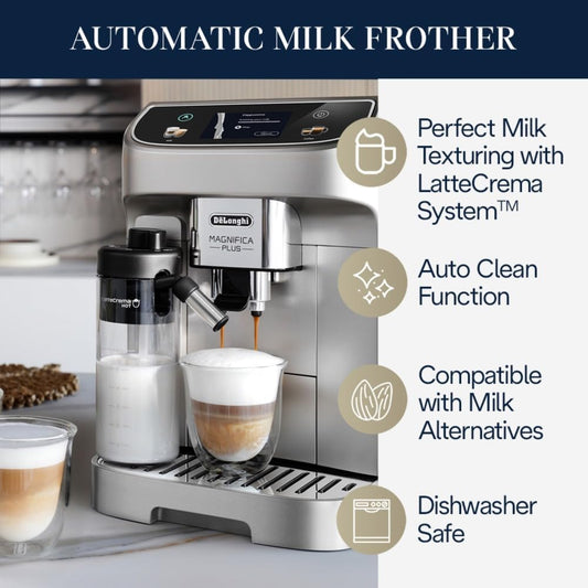 De'Longhi Magnifica Plus Fully Automatic Espresso Machine with Automatic Milk Frother for 18+ One Touch Recipes, Built-in Grinder, ECAM32070SB - PuriLite