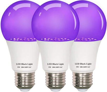 9W LED Black Light Bulbs, Replace 75W Blacklight Bulb, E26 Base UVA Level 395-400nm, Glow in The Dark UV Bulb for Body Paints, Birthday Party, Fluorescent Posters, Club, Neon Posters, 3 Pack