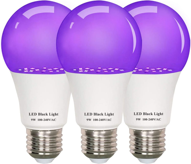 9W LED Black Light Bulbs, Replace 75W Blacklight Bulb, E26 Base UVA Level 395-400nm, Glow in The Dark UV Bulb for Body Paints, Birthday Party, Fluorescent Posters, Club, Neon Posters, 3 Pack