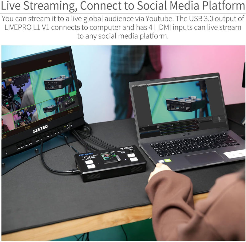 FEELWORLD LIVEPRO L1 V1 Multi Camera Video Mixer Switcher 2 Inch LCD Display 4 x HDMI Inputs USB 3.0 Output Format Real Time Production Live Streaming Lightweight