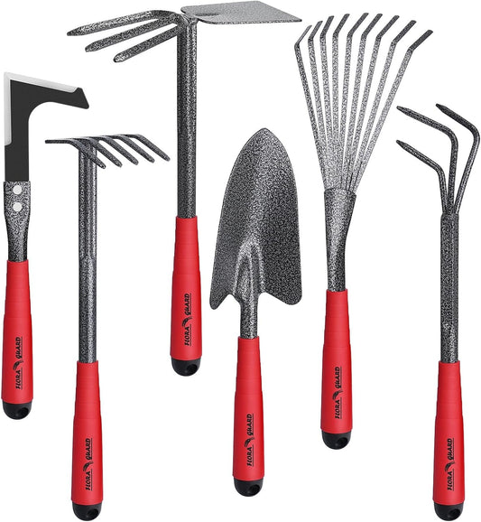6 Piece Garden Tool Sets - Including Trowel,5-Teeth rake,9-Teeth Leaf rake,Double Hoe 3 prongs, Cultivator, Weeder, Gardening Hand Tools with High Carbon Steel Heads