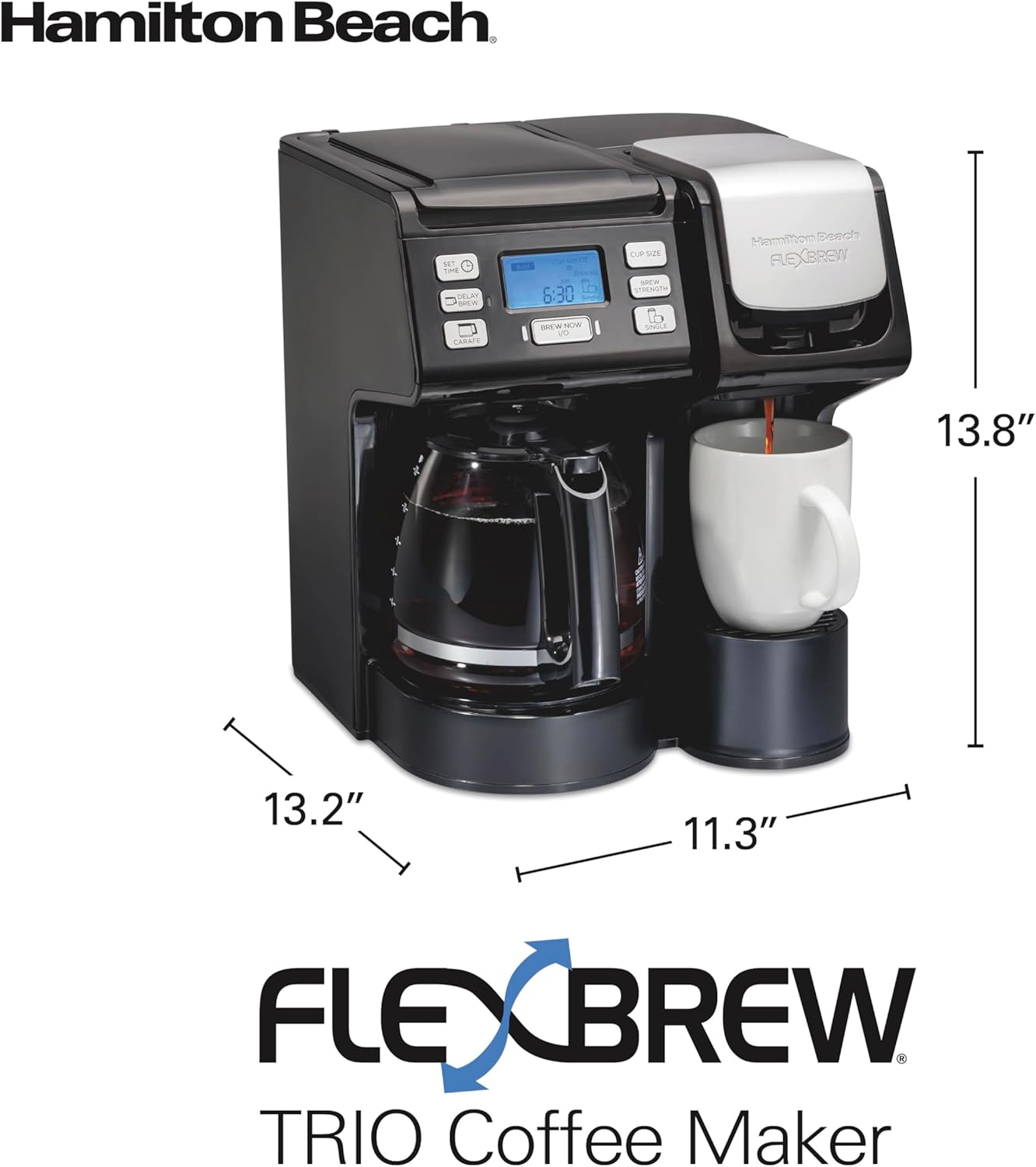 Hamilton Beach FlexBrew Trio 2-Way Coffee Maker, Compatible with K-Cup Pods or Grounds, Combo, Single Serve & Full 12c Pot, Black , 49902